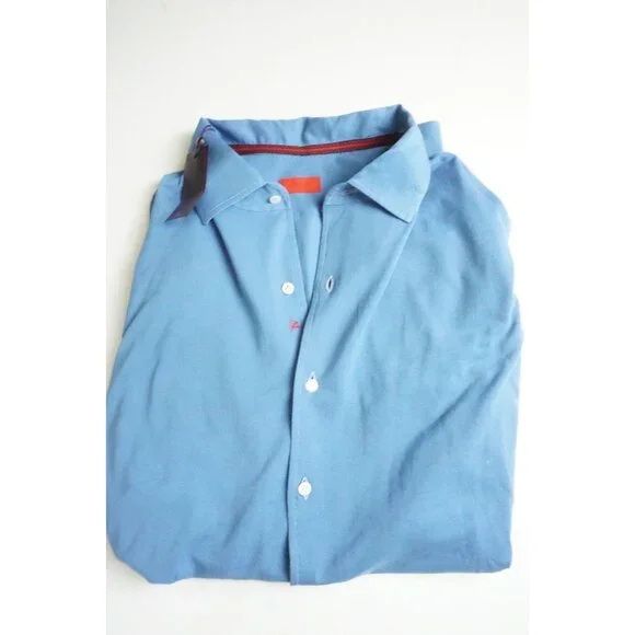 Isaia Solid Blue Woven Long Sleeve Cotton Button Up Polo Shirt Sz M BRAND NEW